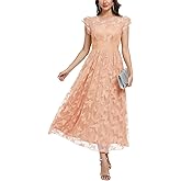 DEARMSROSE Women's Casual Tulle Midi Dress Ruffle Sleeve Crewneck Lace Flowy Dresses Party Wedding Guest Sundress