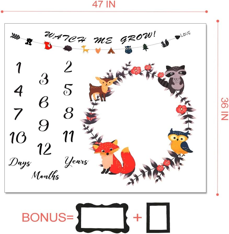 Baby Monthly Blanket Woodland Animals Newborn Monthly Milestone Blanket Milestone Blanket Baby Photo Blanket Shower Gifts for Boys or Girls (Grey)