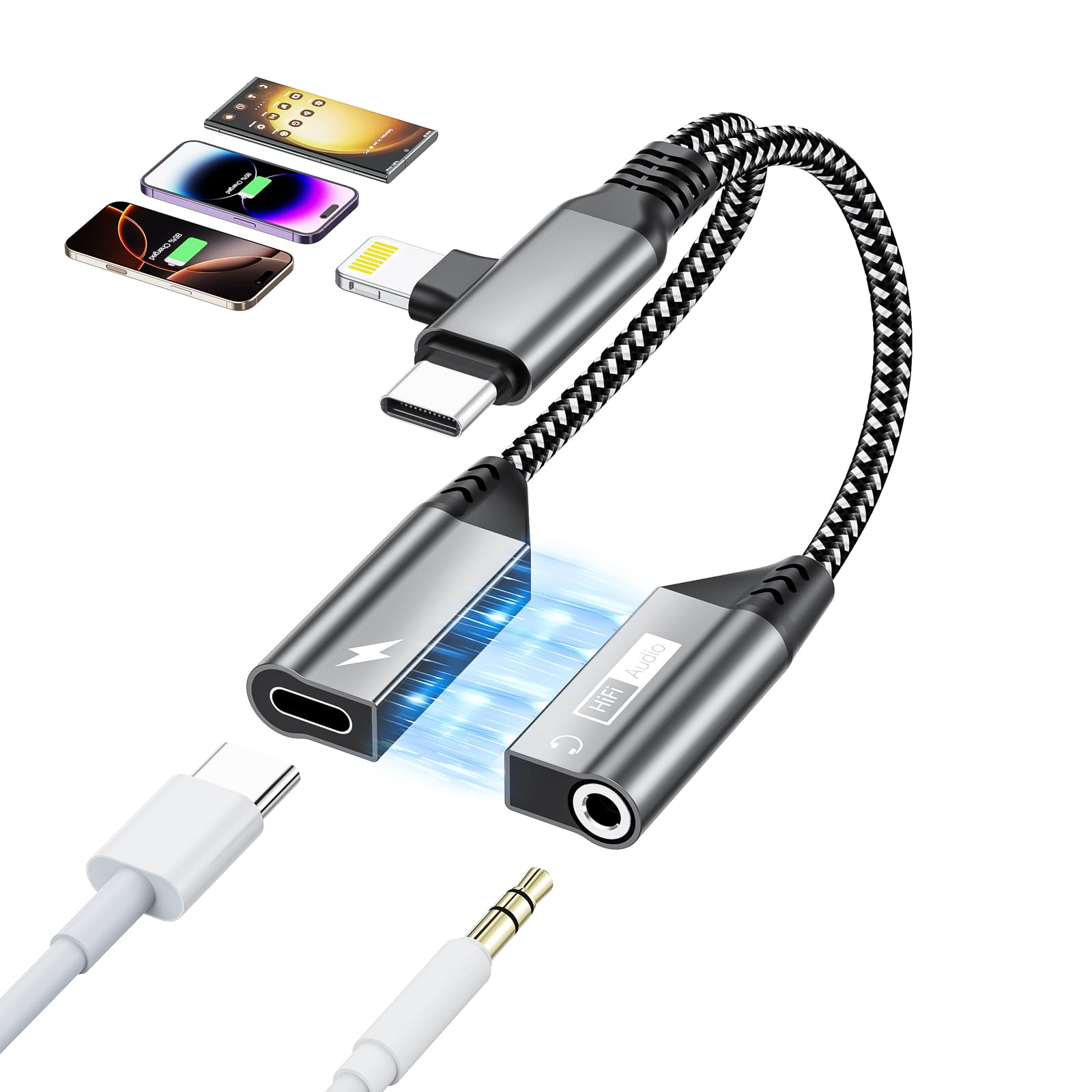 Photo 1 of Magnetic USB C & Lightning to 3.5mm Headphone and Charger Adapter Apple iPhone Aux Audio Jack Hi-Res DAC and 60W USB-C Fast Charging Dongle Cable for iPhone 16/15/14/13,Galaxy, Pixel 9, Pad Pro/Air