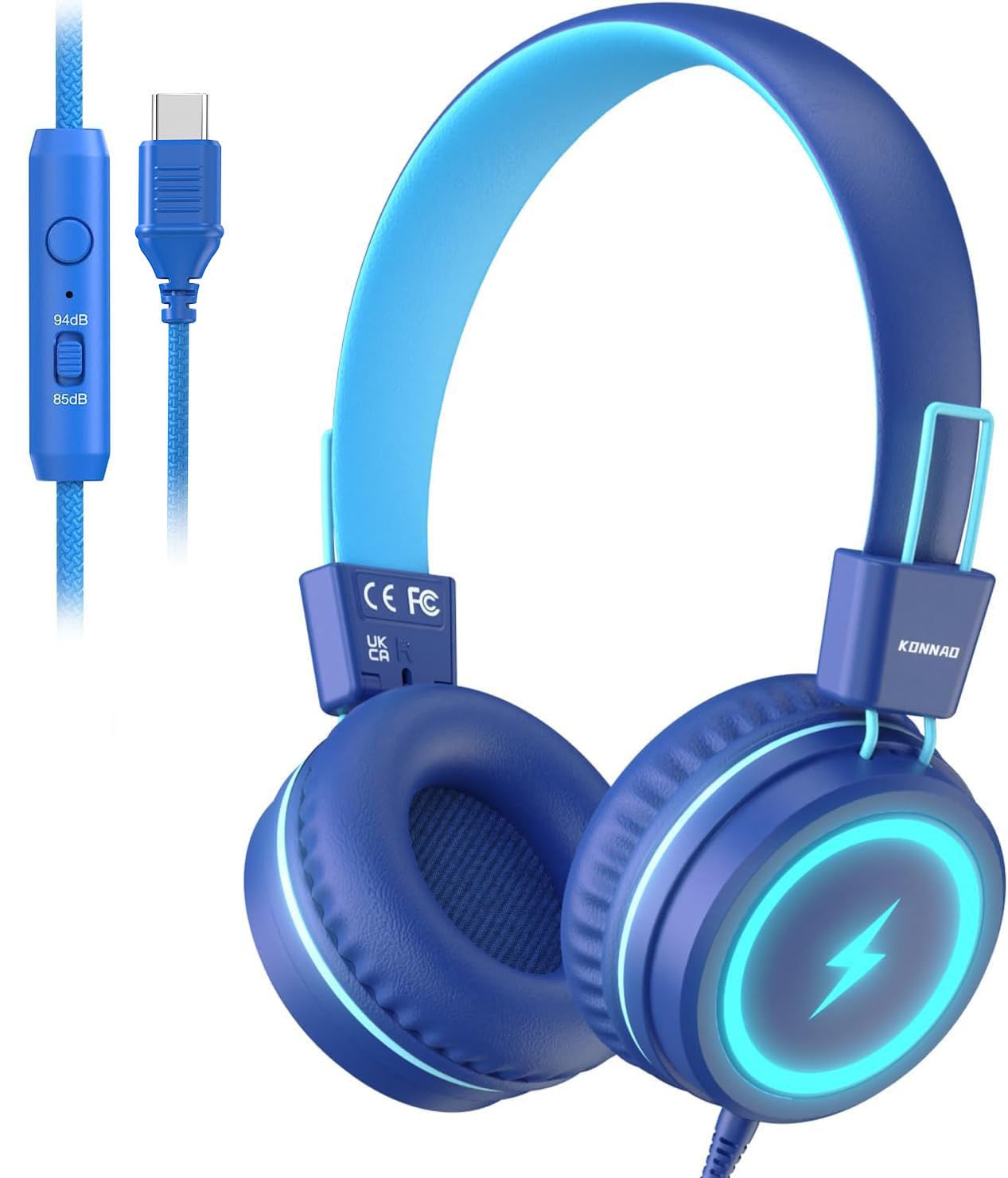 Photo 1 of Kid Headphones for School, USB Type C Kids Headphone with LED Lights, Wired Boys Girls Headphones with Safe Limiter 85dB/94dB, Foldable On Ear Headphones with Microphones for Girls, Boys, iPad-Blue