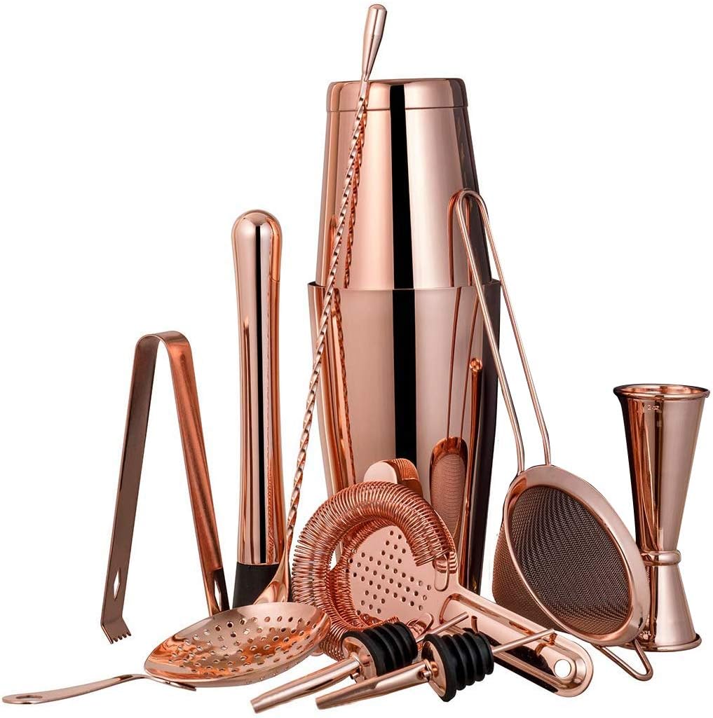 11 Piece Bartender Kit Cocktail Boston Shaker Barware Set Includes 28 and 18 OZ Includes Weighted Shaker Tins Strainer Muddler (Rose Gold)