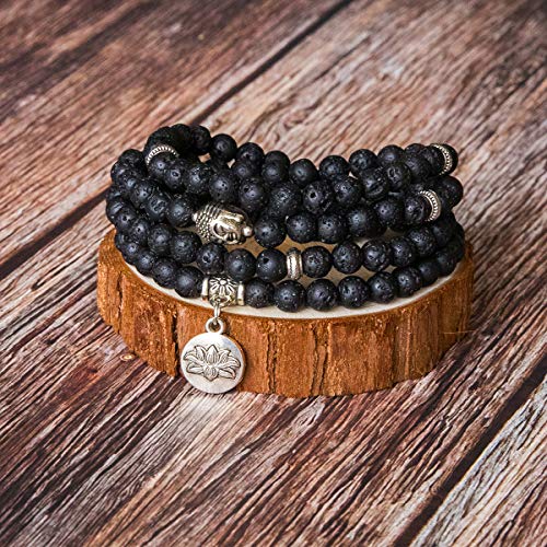 Bivei Mala Beads Bracelet, Natural Gemstone Prayer Beads Lutos Charm 108 Mala Beads Meditation Necklace-Lava Rock Stone - Thumbnail 3