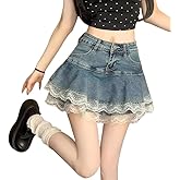 Y2K High Waist Denim Lace Mini Skirt for Women – Harajuku A-Line Ruffle Skater Skirt Kawaii Fairycore Style