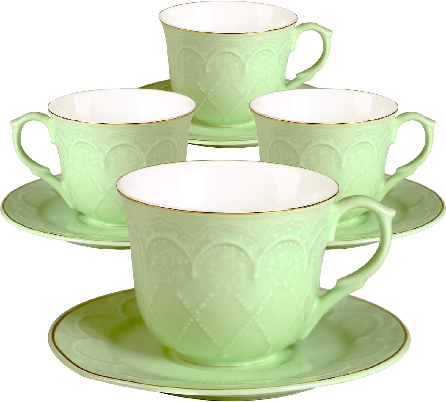 Porcelain Coffee Cup and Saucer Set of 4 Embossed Floral Design New