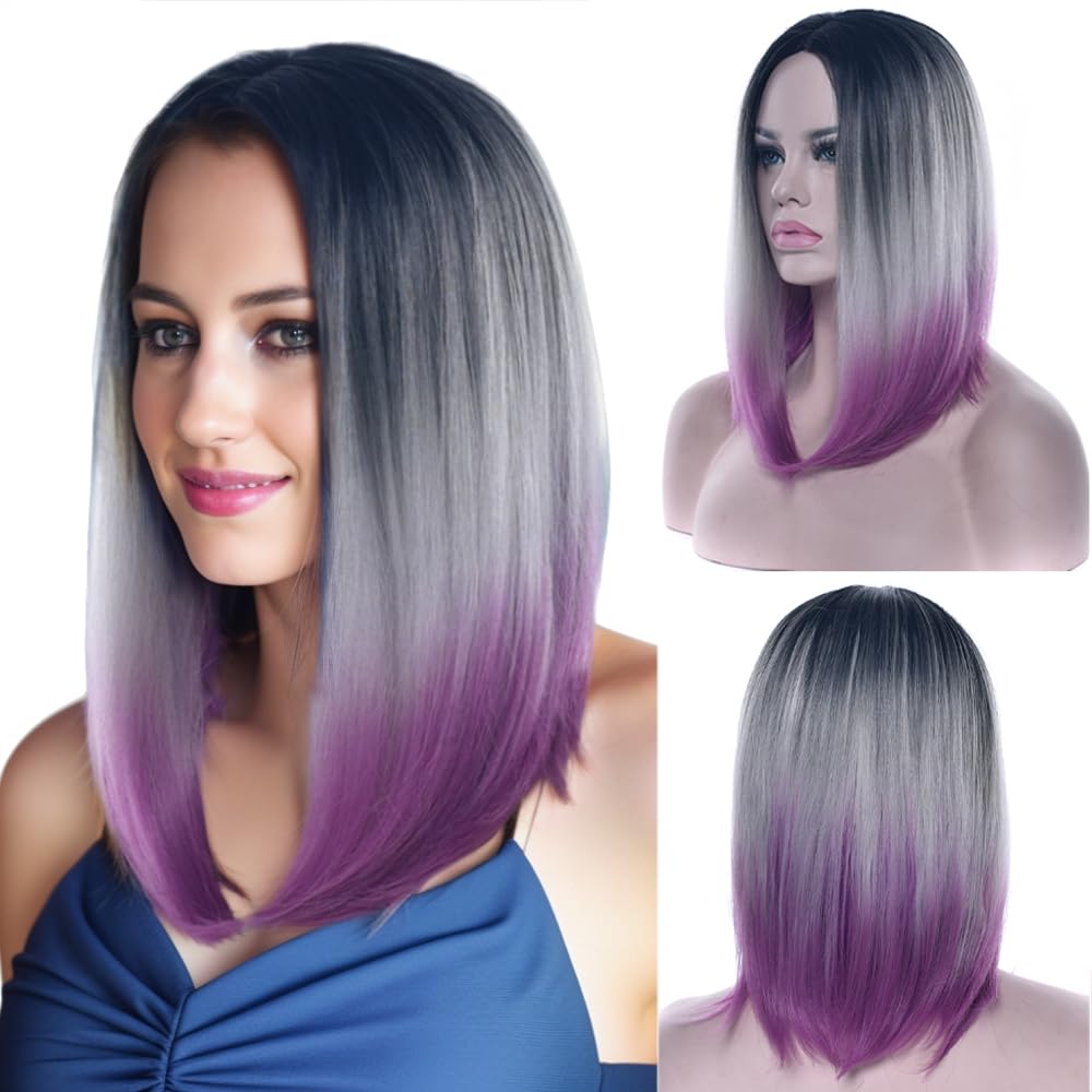 IMISSU Short Natural Hair Bob Wigs Cosplay Wigs Ombre Color Halloween Costume Party Wig for Women (Black Gray Purple)