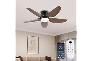 GJeg Ceiling Fans with Lights, 43 Inch Low Profile Ceiling Fan with Light and Remote/App Control, Flush Mount, Reversible DC Motor, 3CCT, Dimmable, Noiseless, Brown Ceiling Fan for Indoor/Outdoor Use