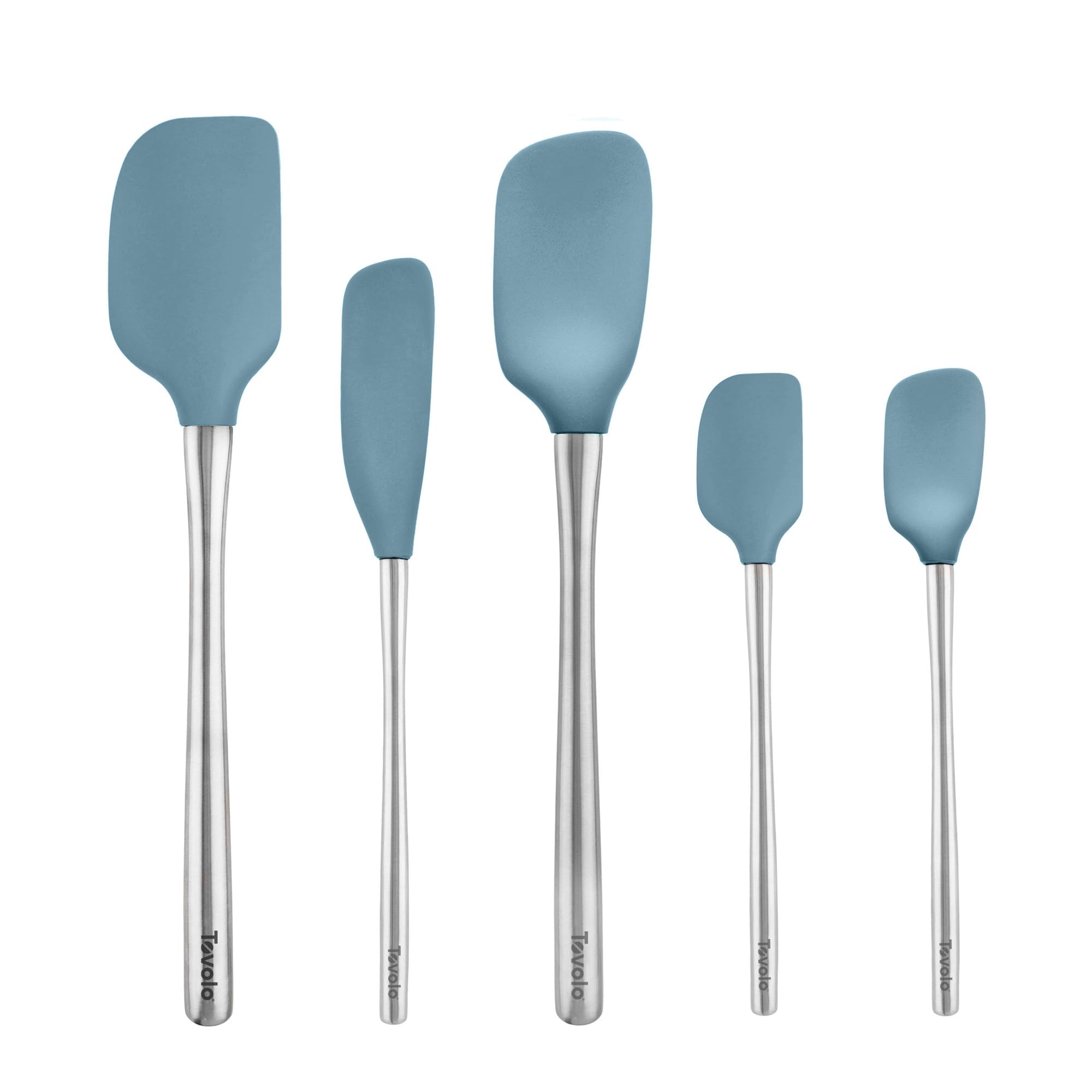 Tovolo Stainless Steel Handled Silicone Spatula Set of 5, Dishwasher Safe Kitchen Spatula Set for Cooking Baking, BPA Free Silicone Spatula set with Metal Steel Handle, Blue Slate Image