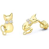 14k Yellow Gold Cat Stud Earrings with Screw Back