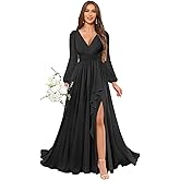 Ywwaaq Chiffon Bridesmaid Dresses Long Sleeve Ruffled Formal Evening Gowns with Slit