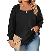 Eytino Womens Plus Size Fall Tops Square Neck Puff Long Sleeve Casual Loose Tee Shirts(1X-5X)