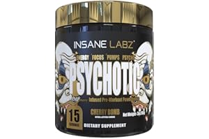 Insane Labz Psychotic Gold, High Stimulant Pre Workout Powder, Extreme Lasting Energy, Focus, Pumps and Endurance with Beta Alanine, DMAE Bitartrate, Citrulline, NO Booster (Cherry Bomb, 15 Servings)