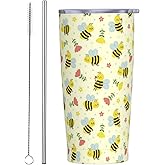 FEYAMYUN 20oz Cute Bee Tumbler, Yellow Stainless Steel Travel Coffee Mug with Lid Straw, Flower Bee Thermal Water Bottle Animal Lover Double Wall Vacuum Insulated Coffee Cup for Hot and Cold Drinks