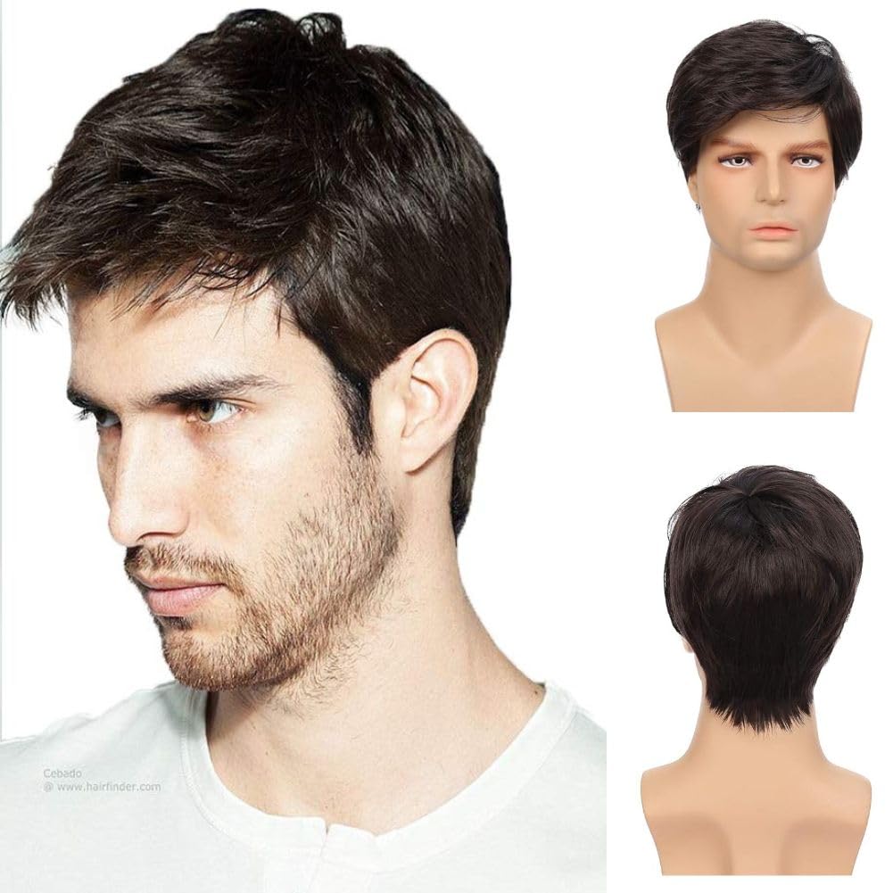 Siudus Mens Black Short Wig Straight Layered Side Part Natural Hair Wig Synthetic Fiber Guy Male Wigs for Daily Cosplay Costume Use — image 1
