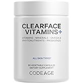 Codeage Clearface Pantothenic Acid, Niacin Supplement, Vitamins A, C, D3, E, Probiotics, Zinc, Riboflavin, Thiamin, L-Lysine HCL & Omega-3, Niacinamide, Skin Botanical Blend - Non-GMO - 90 Capsules