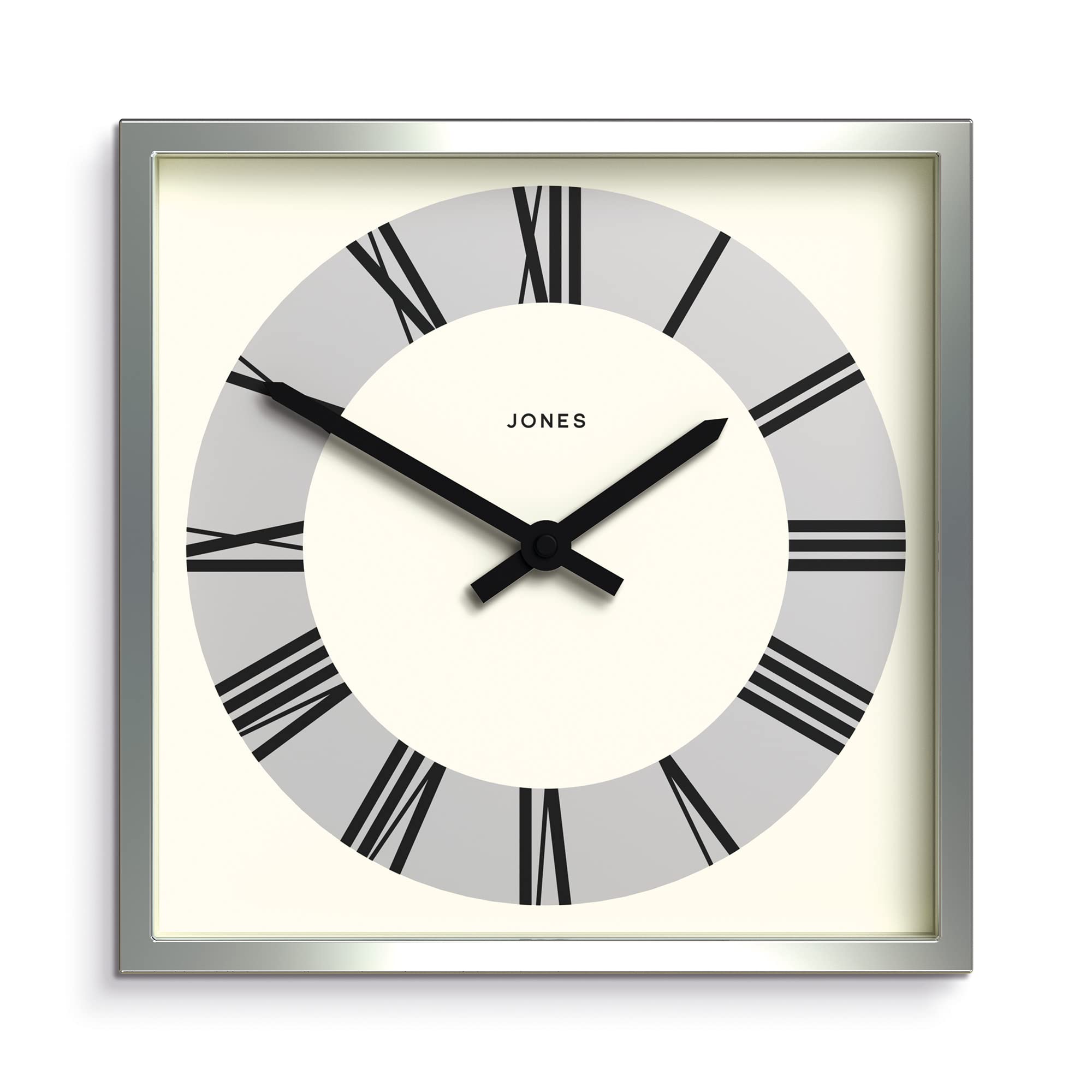 Jones Clocks Box Silver Dial Wall Clock - Square Clock - Kitchen Clock - Office Clock - Retro Clock - Designer Clock - Colourful Case - Roman Numeral Dial (Silver),25 x 25 x 4cm