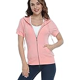 MISS MOLY Women's Short Sleeve Hoodie Full Zip Up Cotton Slim Fit Sweatshirt with Pocket