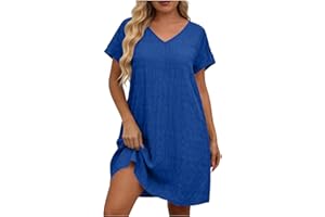 Womens Summer Dresses Soft Lightweight Textured V-Neck Dress Relaxed Fit Short Sleeve Casual Shift Dress for Weekend Outings