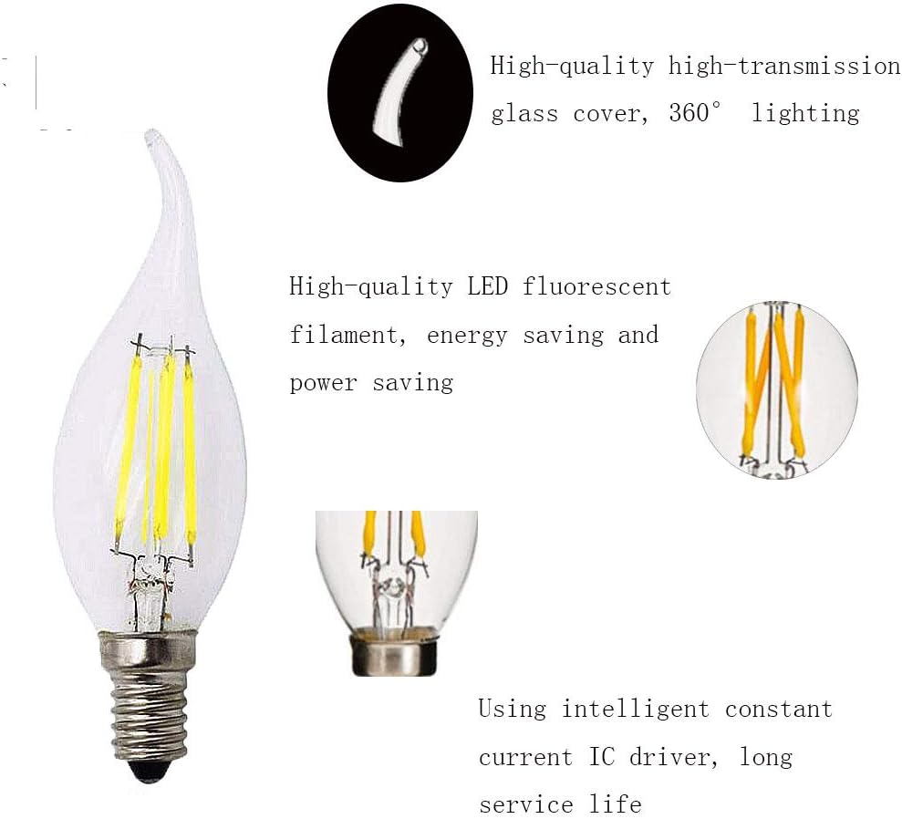 BANGSHUO Pack 10 E14 Vintage Candelabra LED Bulb 4W C35 400 Lumens Cool White 6000K Chandelier Light Bulbs C35 Filament LED Candle Bulb Flame Tip No Dimmable - Image 4