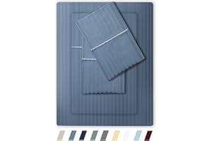 FEATHER & STITCH NEW YORK Feather & Stitch 500 TC King Size Damask Bed Sheet Set, 100% Cotton Soft Breathable Bedsheets, 4 Piece 18" Deep Pockets Sateen Weave Striped Bedding Mattress Resort Hotel Luxury- (Blue, King)