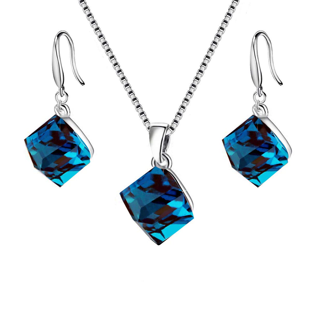 Uloveido Girl 925 Sterling Silver Square Cube Authentic Austrian Blue Crystal Pierce Dangle Earrings Choker Necklace Sets for Women (Box Packing) Y418-Blue-Set
