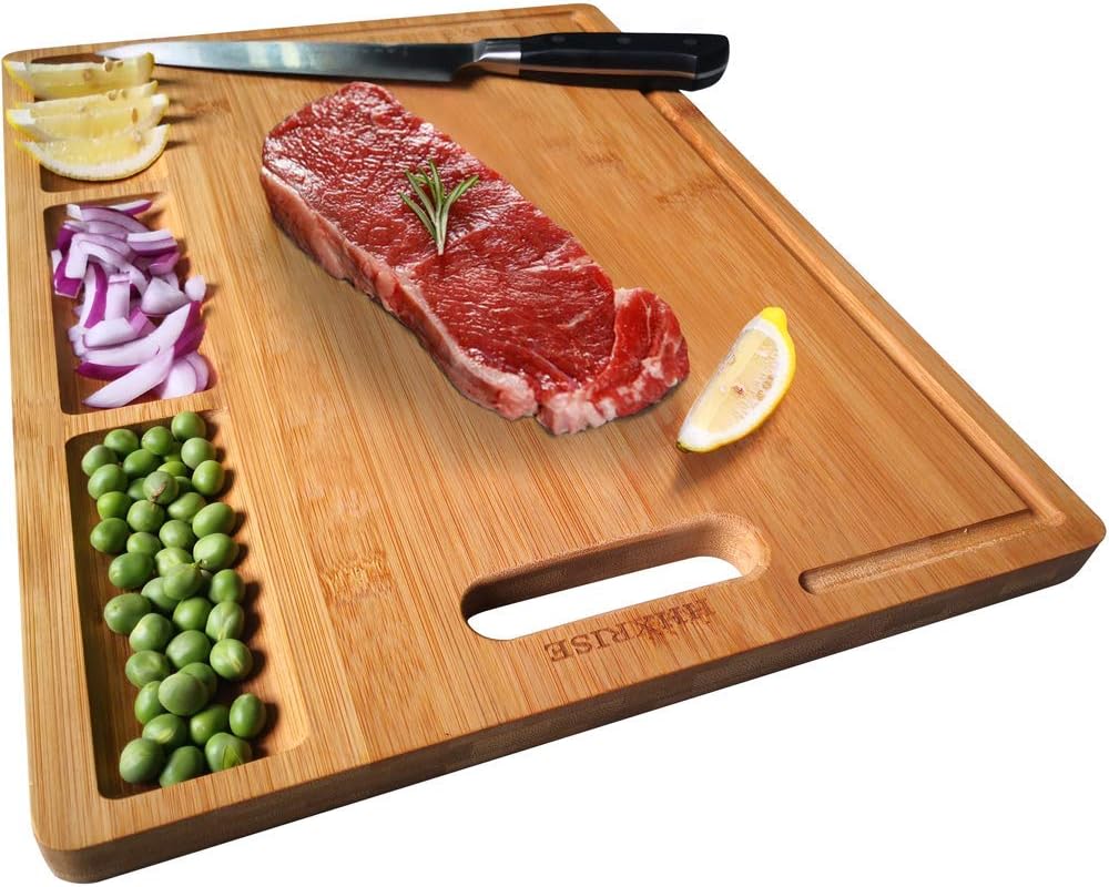 HHXRISE Organic Bamboo Cutting Board For Kitchen, With 3 Built-In Compartments And Juice Grooves, Chopping Board For Meats Bread Fruits, Butcher Block, Carving Board, BPA Free (M-15.2x10.5")