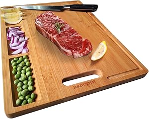 HHXRISE Organic Bamboo Cutting Board For Kitchen, With 3 Built-In Compartments And Juice Grooves, Chopping Board For Meats Bread Fruits, Butcher Block, Carving Board, BPA Free (M-15.2x10.5")