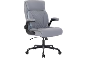 Youhauchair Executive Office Chair, Ergonomic PU Leather Computer Desk Chair with Lumbar Support, Flip-up Armrests and Adjustable Height, for Home Office, Grey