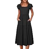 Caracilia Womens Summer Maxi Dress 2026 Casual Ruffle Short Sleeve Square Neck Smocked Flowy Sundress Beach Vacation Clothes