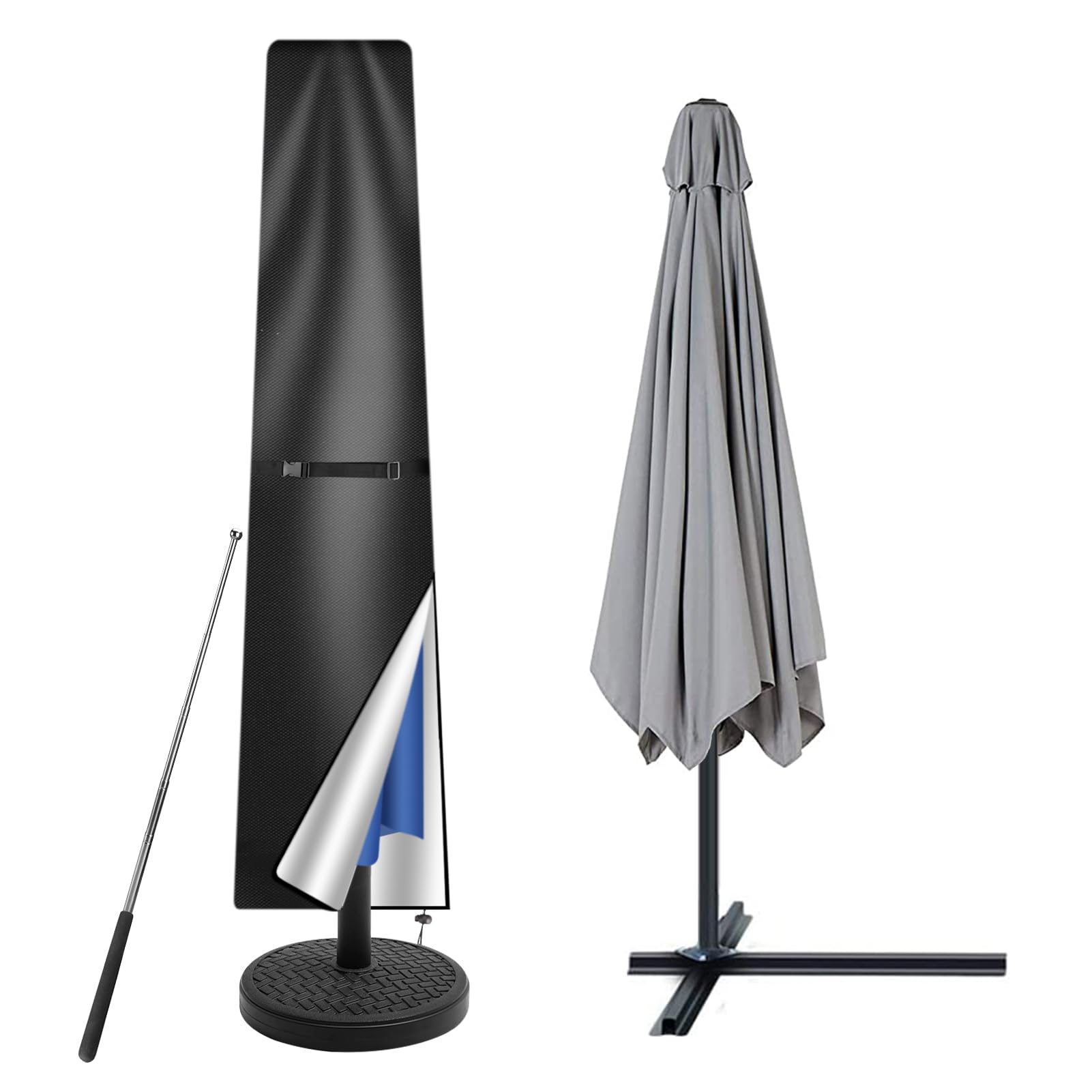 Teynewer Parasol Cover Waterproof, Straight Parasol Protective Cover with Telescopic Pole and Zipper Fit for 2 to 3 m Diameter Umbrella Patio Parasol Weatherproof UV-Anti Windproof (190x30/50cm)