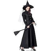 GRAJTCIN Women's Wicked Witch Costume, 4 Pieces Halloween Deluxe Witchy Dress Black