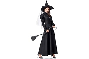 GRAJTCIN Women's Wicked Witch Costume, 4 Pieces Halloween Deluxe Witchy Dress Black