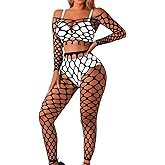 Kaei&Shi Sexy Fishnet Bodysuit Stockings,Mesh Long Sleeve Crop Top Lingerie,Hollow Out Music Festival Rave Outfits