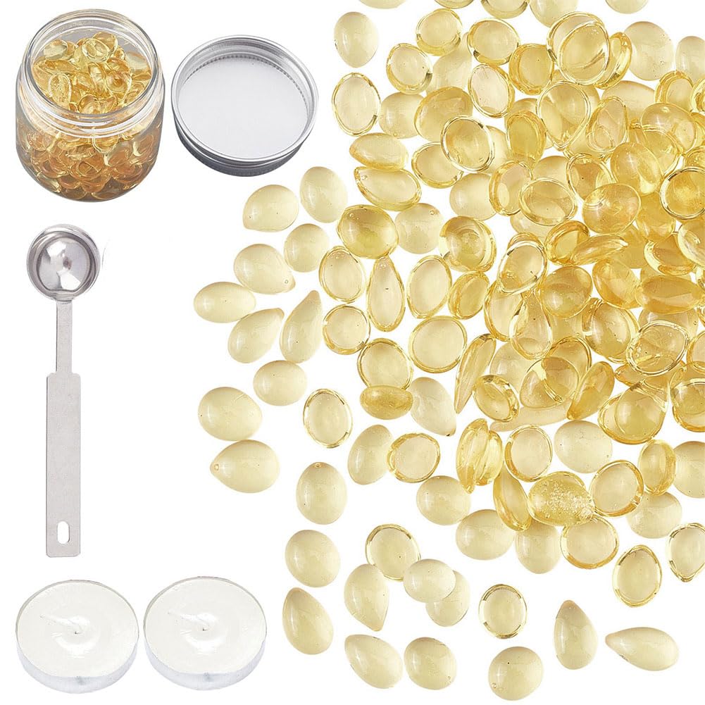 CRASPIRE Transparent Yellow Sealing Wax Beads Set, 40g Wax Seal Beads Packed in Plastic Can with 2PCS Candles and Stainless Steel Wax Melting Spoon for Sealing Letters Cards Gift Invitations