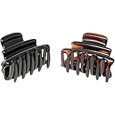 Parcelona French Crumpled Fat Set of 2 Small Tortoise Shell and Black Celluloid Sturdy Ponytail Jaw Hair Claw Clip Clutcher Clamp with Covered Spring and Inner Teeth