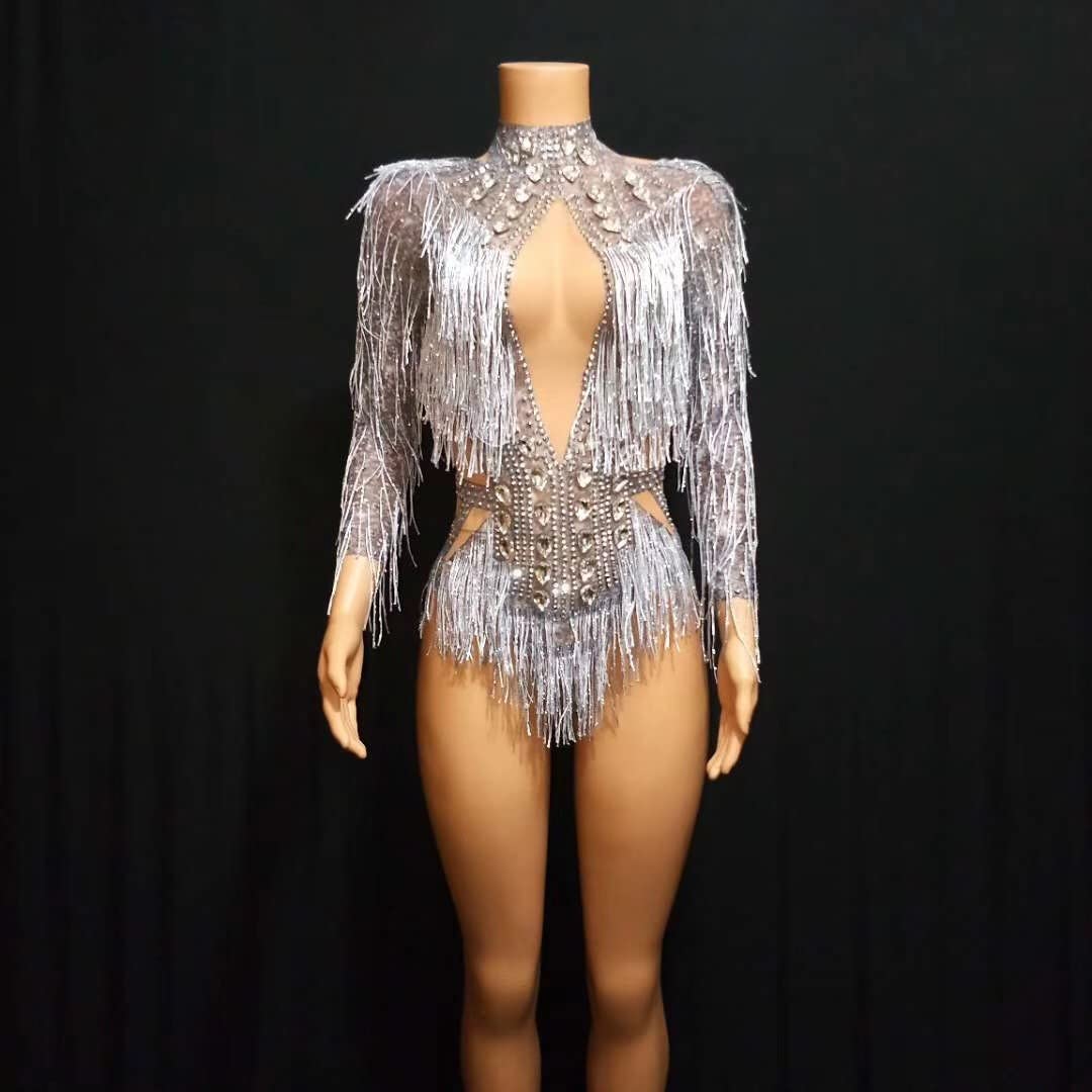 YUANTONG See Through Mesh Rhinestone Bodysuits for Women Sexy Fringe Leotard Drag Queen Outfit Birthday Dance Carnival Costumes