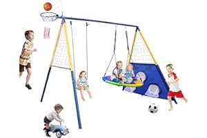 HISECOME 440lbs 2 Seat Swing Set for Backyard, 1 Saucer Swing Seat & 1 Belt Swing Seat & Basketball Hoop and Soccer Goal with Heavy Duty A-Frame Metal Swing Stand Outdoor Playset for Kids