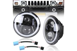 NJSBYL H2 LED DRL Lamps Assembly for Hummer H2 H1 2003 2004 2005 2006 2007 2008 2009 7" H/L Beam Lights White Halo Ring Daytime Running Lamps Amber LED Turn Signal Lights CE/E4 OEM#15269178 15269179