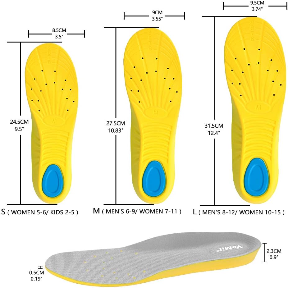 VoMii PU Memory Foam Insoles Plantar Fasciitis Arch Support Insoles for Women Men and Kids, Comfortable Breathable Sports Shoe Inserts, Shock Absorption and Relieve Foot Pain, M(Men 6-9/ Women 7-11): Health & Personal Care