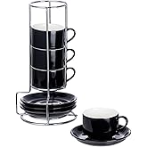 CHILDIKE 2.5oz Espresso Cups Set of 4, Small Stackable Coffee Cups with Saucers and Metal Stand, Ceramic Demitasse Cups, Cappuccino Cups for Coffee Drinks, Latte, Black