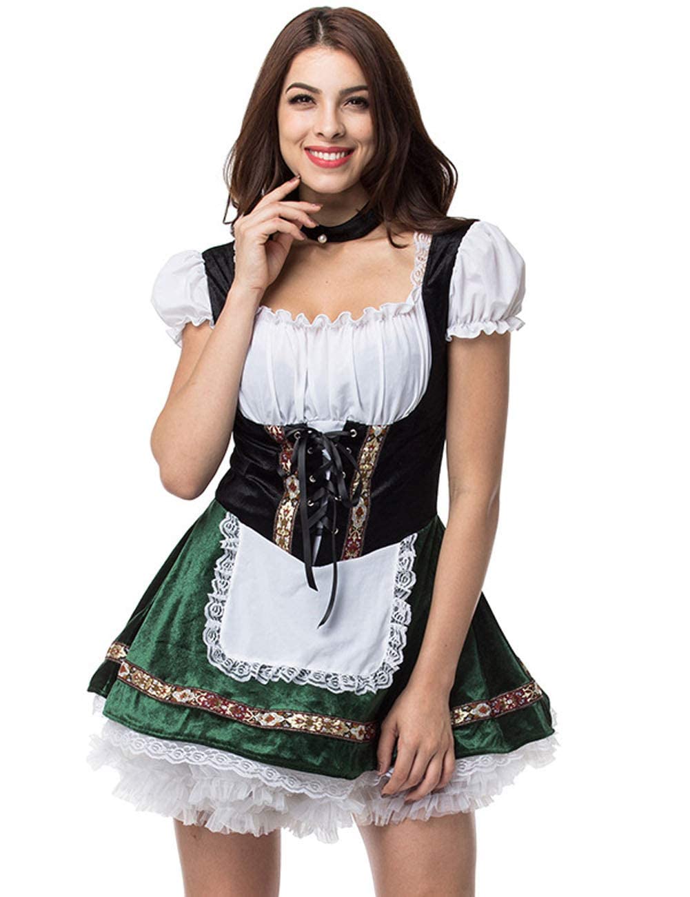 Photo 1 of GRAJTCIN Oktoberfest Costumes Women German Bavarian Dirndl Dress Velvet Beer Maid Halloween Last Minutes Costume Adult (S, Green)
