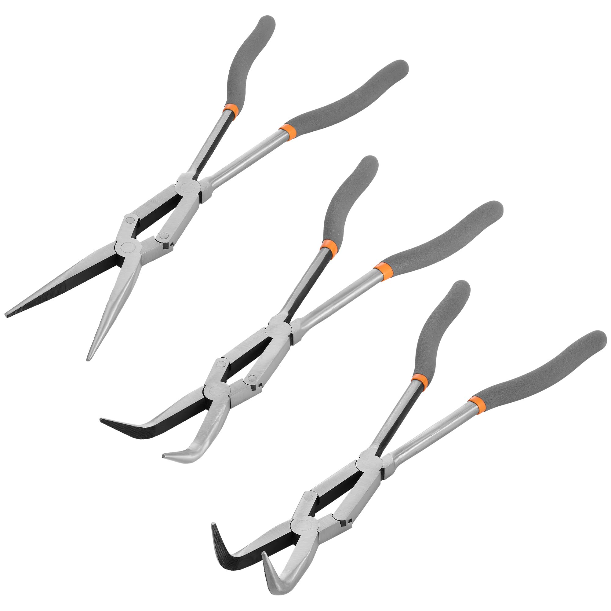 Navaris Long Needle Nose Pliers - Set of 3 - Straight, Bent 45 & Bent 90 Deg Tips - Enhanced Long Reach Wire Cutters - Double Jointed Side Hose Clamp Cutter with Anti-Slip Grip