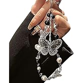 Black White Beaded Phone Charm Cryatal Butterfly Keychain Charm Bag Charm Love Heart Phone Chain Clear Beads Key Chains Cute Keychain Lanyard Pendant Phone Wrist Strap for Backpack Earphone Case Decor
