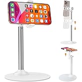 Xiaoshuang Adjustable Phone Stand for Desk with Clip Mount Live Streaming: 360° Rotatable Overhead Shot Holder with Sturdy Metal Base, Compatible with TikTok, YouTube, Zoom Video Recording (White)