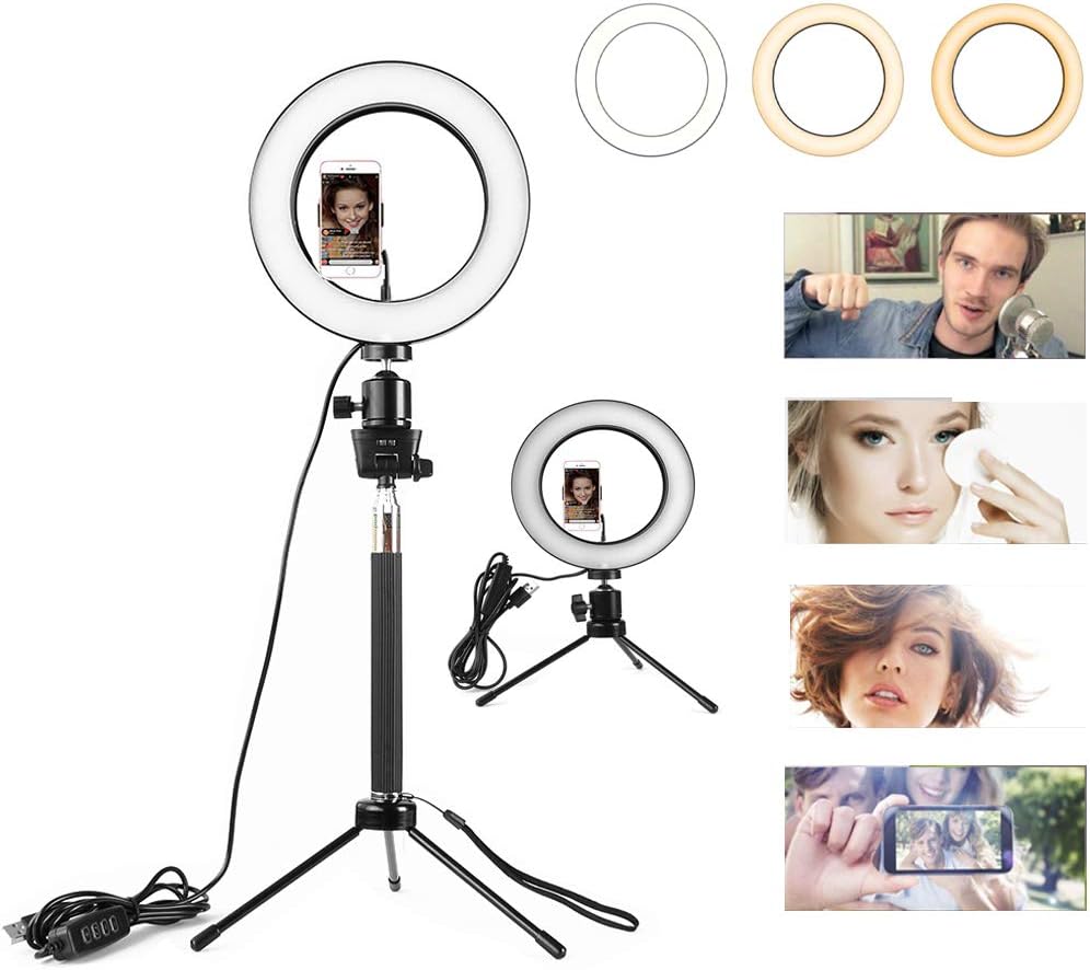 LED Ring Light, Sinbadteck Dimmable Camera LED Ringlight w Phone Holder Tripod Stand for Live Stream/Makeup, YouTube Video Photography 10.2"/26CM (Black)