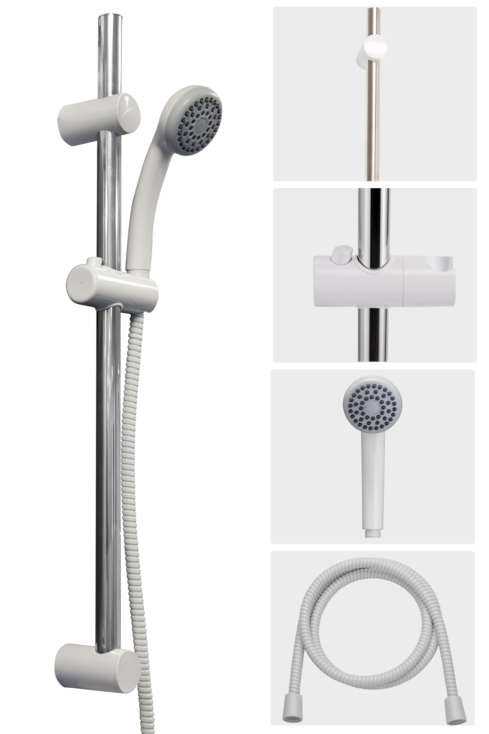 Croydex Amalfi White Shower Set -1 Function Shower Head, 1.5m Shower Hose & Adjustable Shower Head Holder - Fits Standard British Fittings, 665mm Riser Rail for All Shower Types