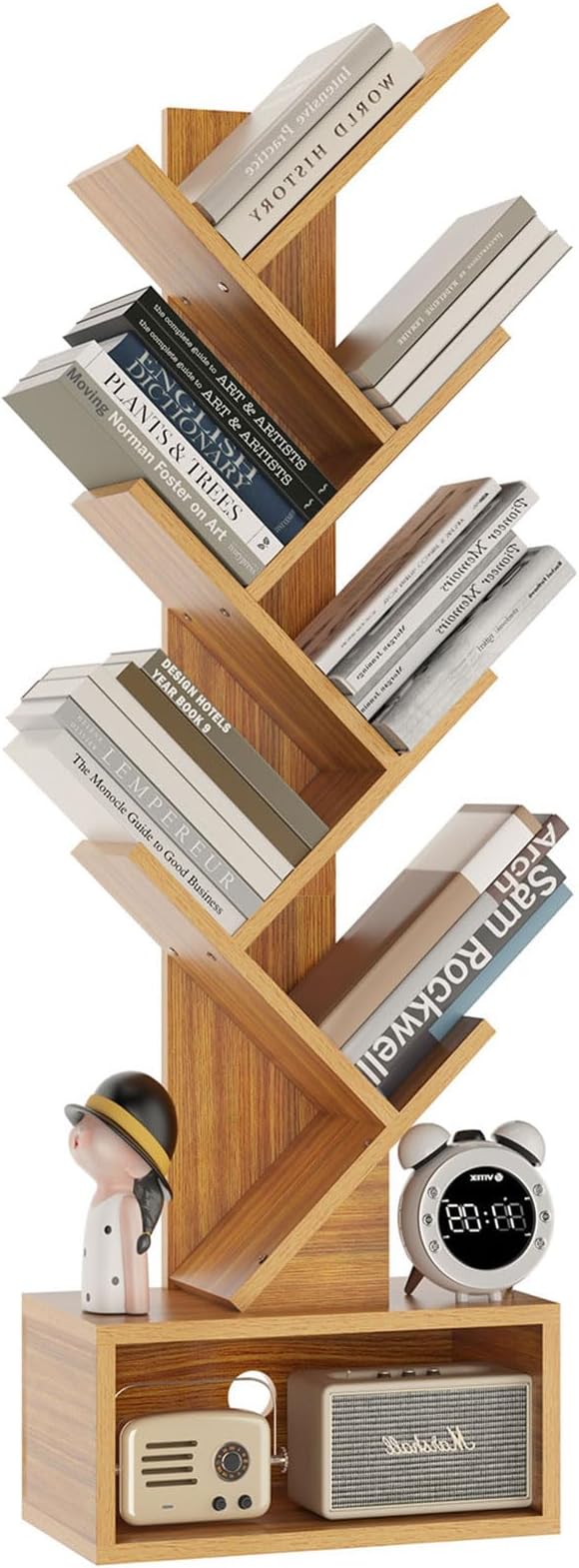 YMYNY 6 Tier Tree Bookshelf Wood Bookcase Storage Rack with Drawer Natural