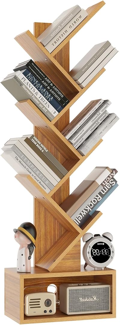 YMYNY 6 Tier Tree Bookshelf Wood Bookcase Storage Rack with Drawer Natural