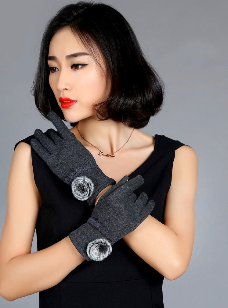 Nouveaux Gants Chauds de Femmes Mode féminine Extérieure Ecran Tactile Sports d\'hiver de plein air Gants Pompon Elégant Dentelle - Gris