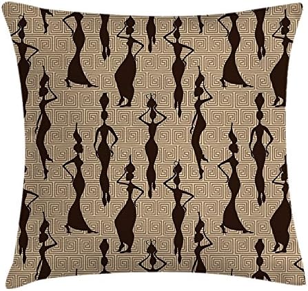 Easshorts African Throw Pillow Cushion Cover, Modern Pattern African Women Silhouette Geometric Curvy Forms Stripes, Decorative Square Accent Pillow Case, 18 X 18 Inches, Brown Tan