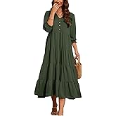 Beautiful Nomad Women's Casual V Neck Boho Dress Puff Sleeve High Waist Floral Smocked Flowy Ruffle Midi Dresses
